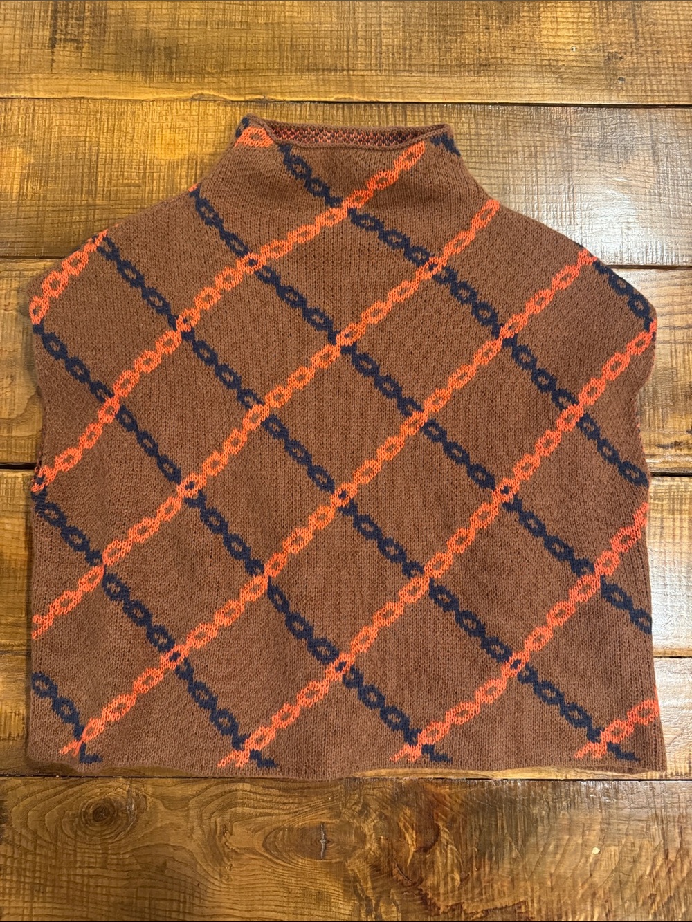 THML Brown Turtleneck Sweater Vest with Orange and Navy Diagonal Chain Pattern